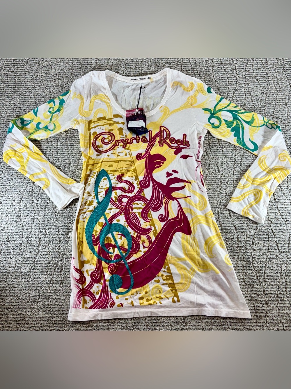 NWT *Flaw* Christian Audigier Women’s Large L/S Crystal Rock‎ Rapunzel Tee